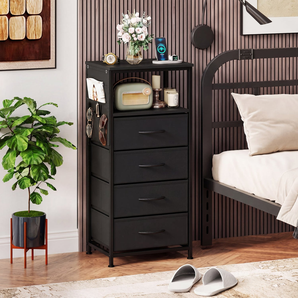 Nightstand with Integrated Charging Station 34" Modern Bedside Table-Black-Nightstands-DECOROLALA