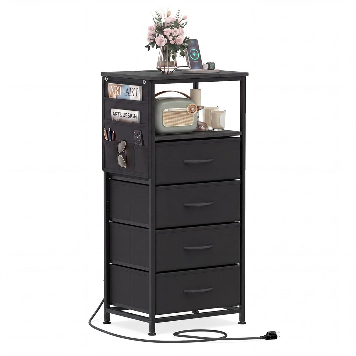 Nightstand with Integrated Charging Station 34" Modern Bedside Table-Black-Nightstands-DECOROLALA