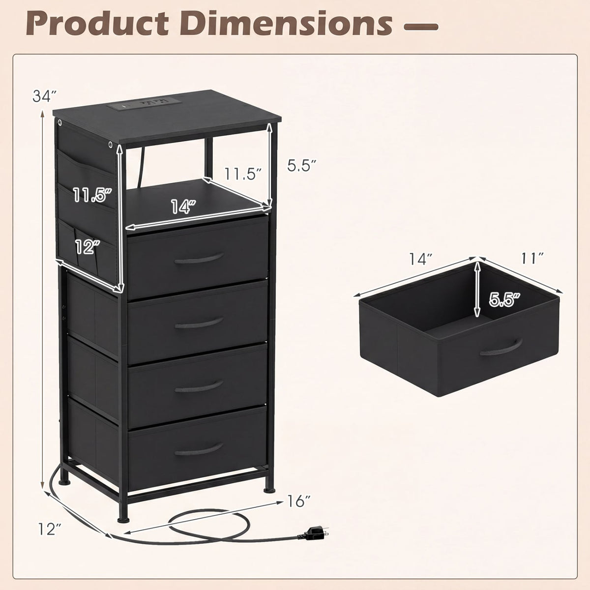 Nightstand with Integrated Charging Station 34" Modern Bedside Table-Black-Nightstands-DECOROLALA