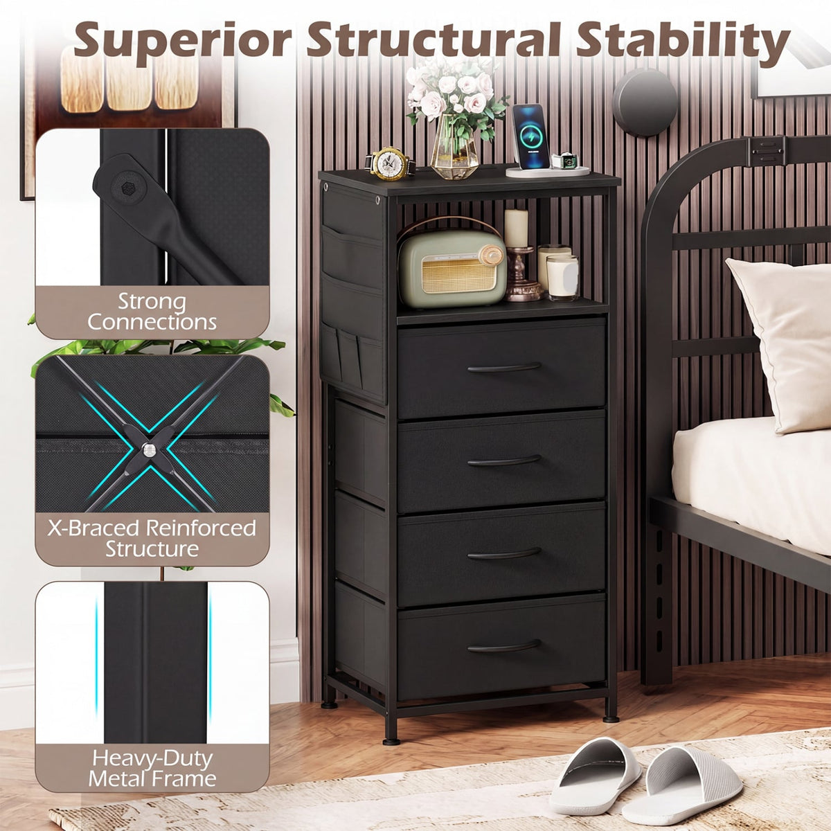 Nightstand with Integrated Charging Station 34" Modern Bedside Table-Black-Nightstands-DECOROLALA