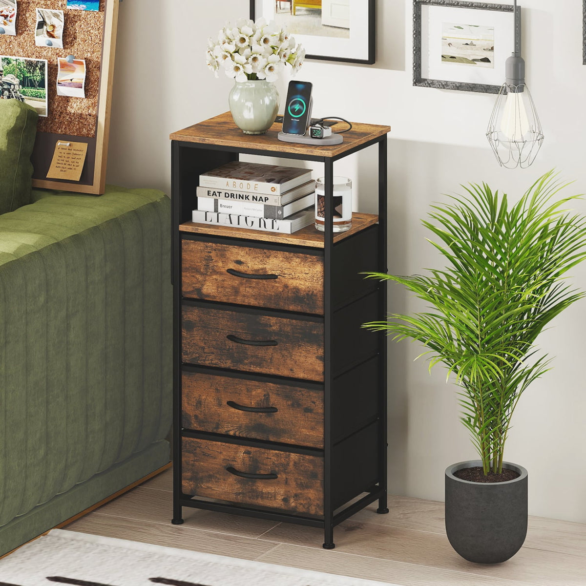 Nightstand with Integrated Charging Station 34" Modern Bedside Table-Rustic Brown-Nightstands-DECOROLALA