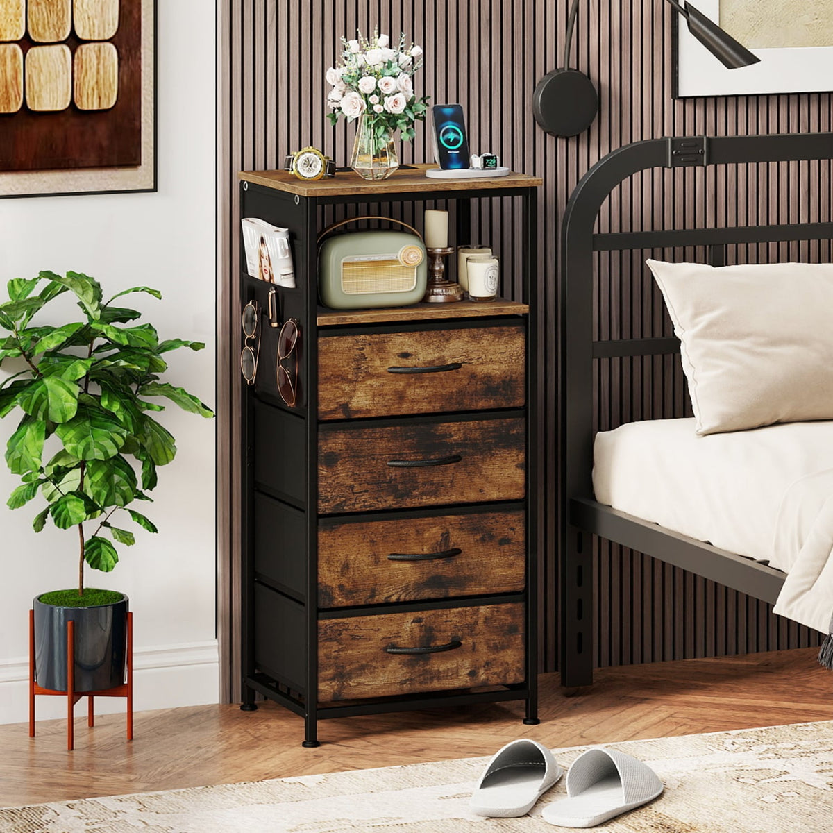 Nightstand with Integrated Charging Station 34" Modern Bedside Table-Rustic Brown-Nightstands-DECOROLALA