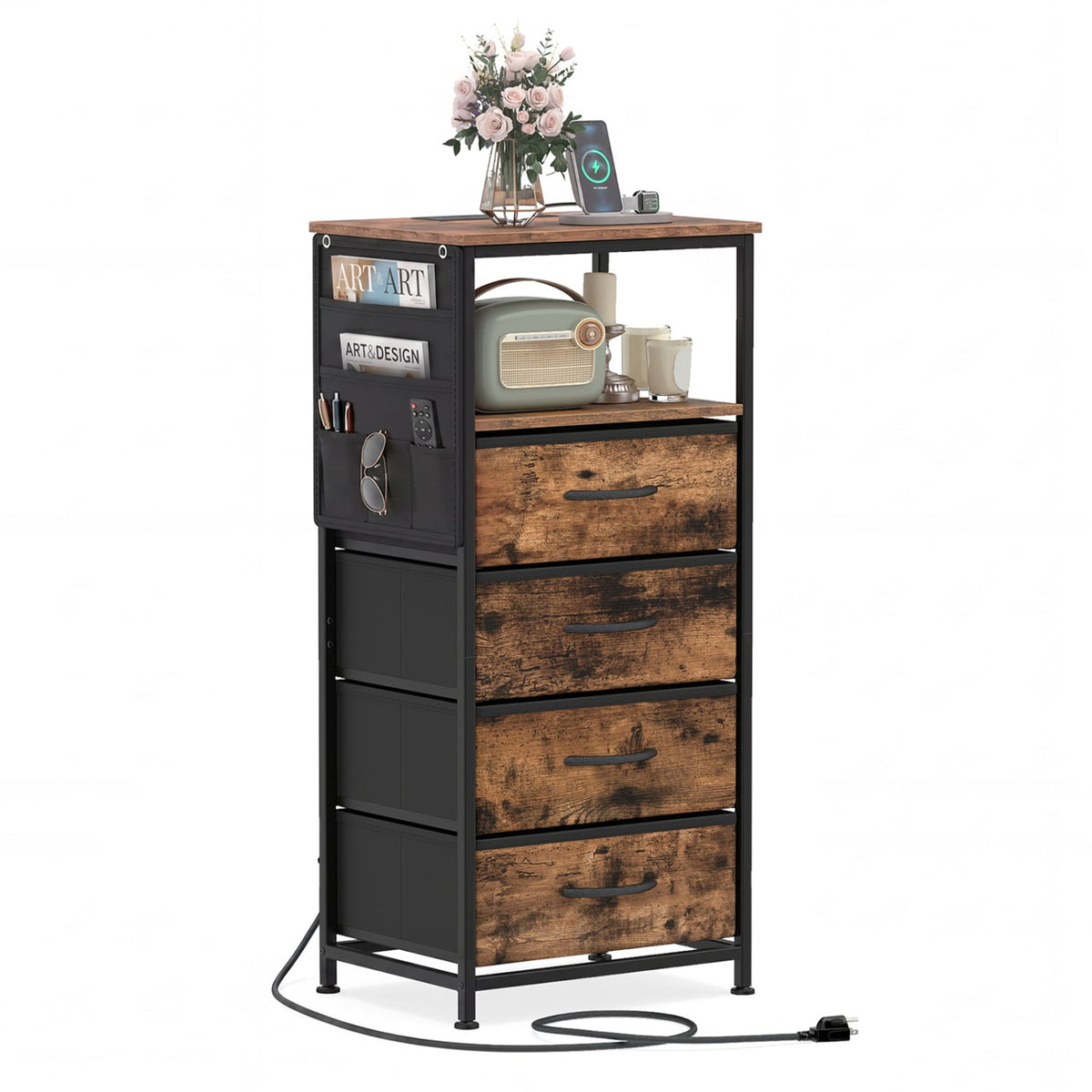 Nightstand with Integrated Charging Station 34" Modern Bedside Table-Rustic Brown-Nightstands-DECOROLALA