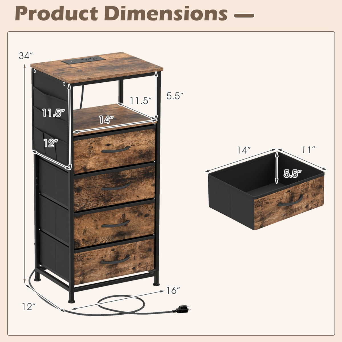 Nightstand with Integrated Charging Station 34" Modern Bedside Table-Rustic Brown-Nightstands-DECOROLALA