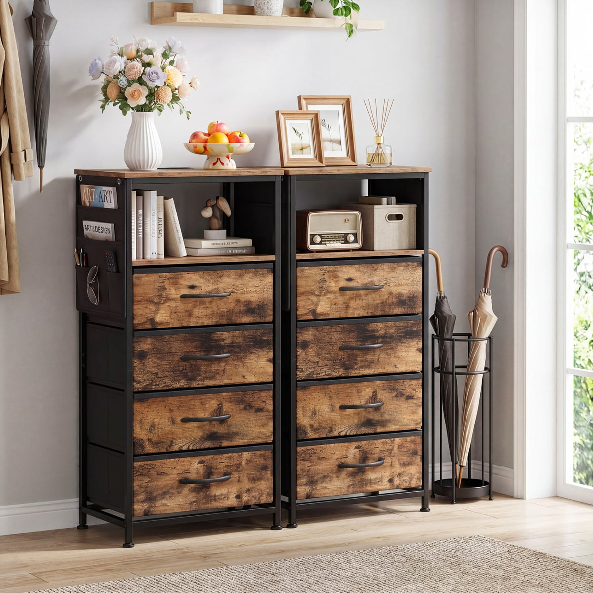 Nightstand with Integrated Charging Station 34" Modern Bedside Table-Rustic Brown-Nightstands-DECOROLALA