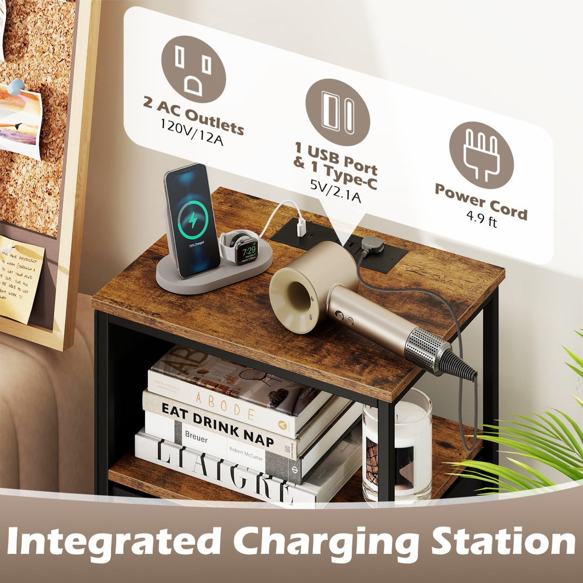 Nightstand with Integrated Charging Station 34" Modern Bedside Table-Rustic Brown-Nightstands-DECOROLALA