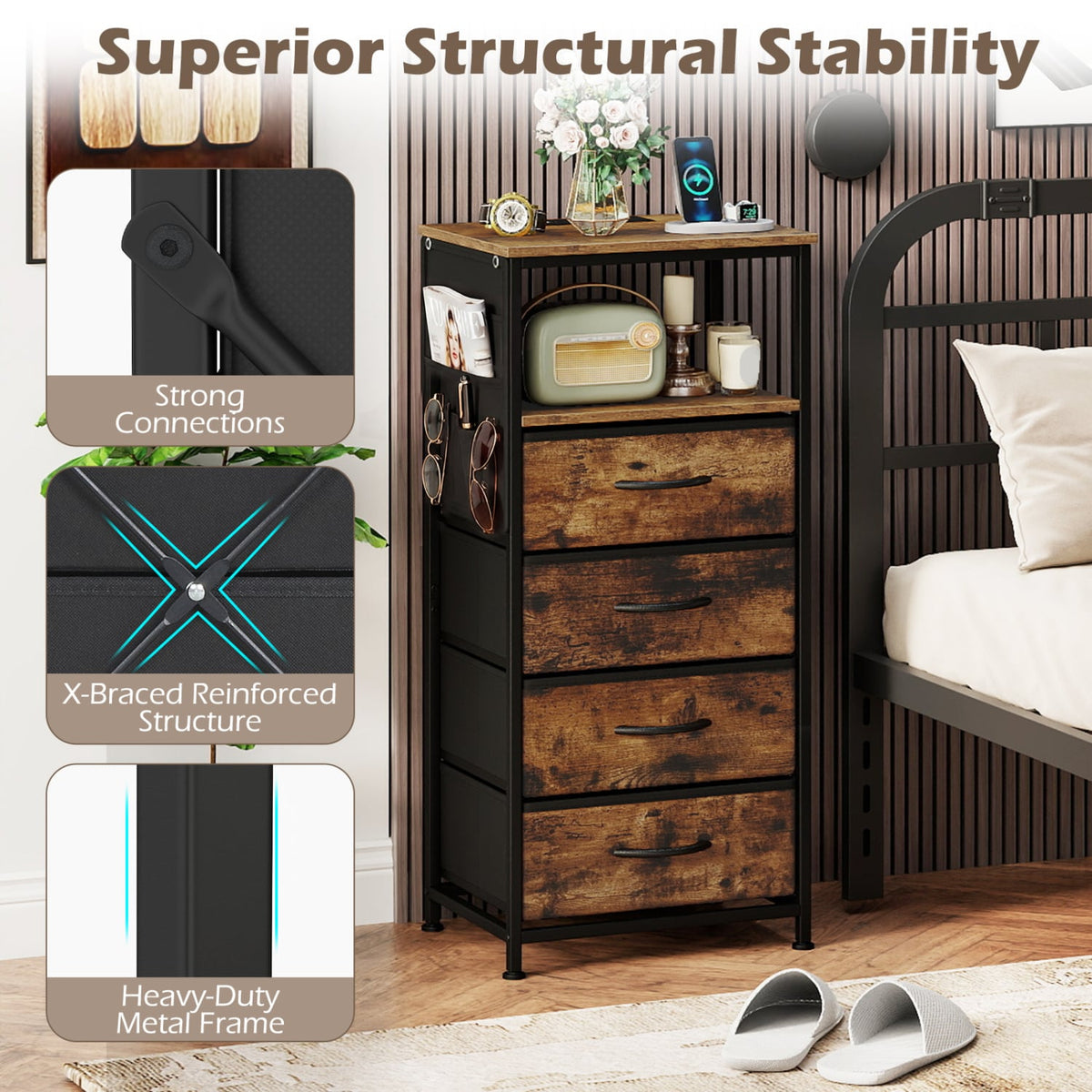 Nightstand with Integrated Charging Station 34" Modern Bedside Table-Rustic Brown-Nightstands-DECOROLALA
