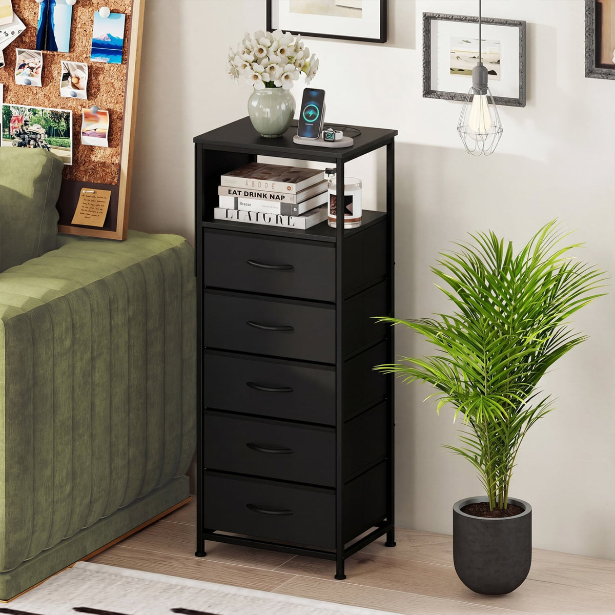 Nightstand with Integrated Charging Station 39 Inches Modern Bedside Table-Black-Nightstands-DECOROLALA