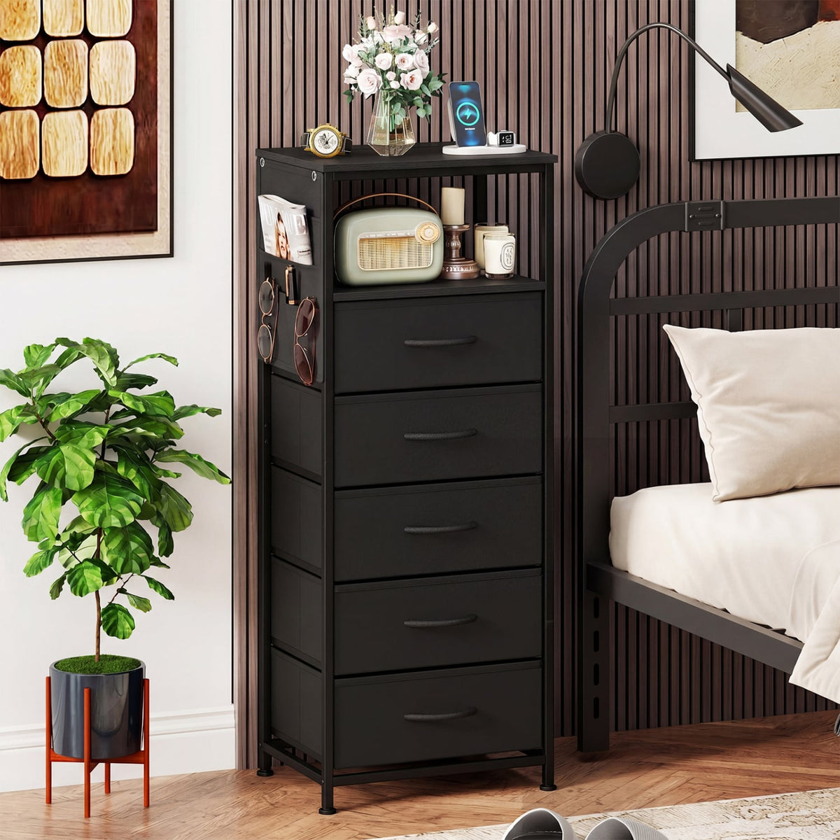 Nightstand with Integrated Charging Station 39 Inches Modern Bedside Table-Black-Nightstands-DECOROLALA