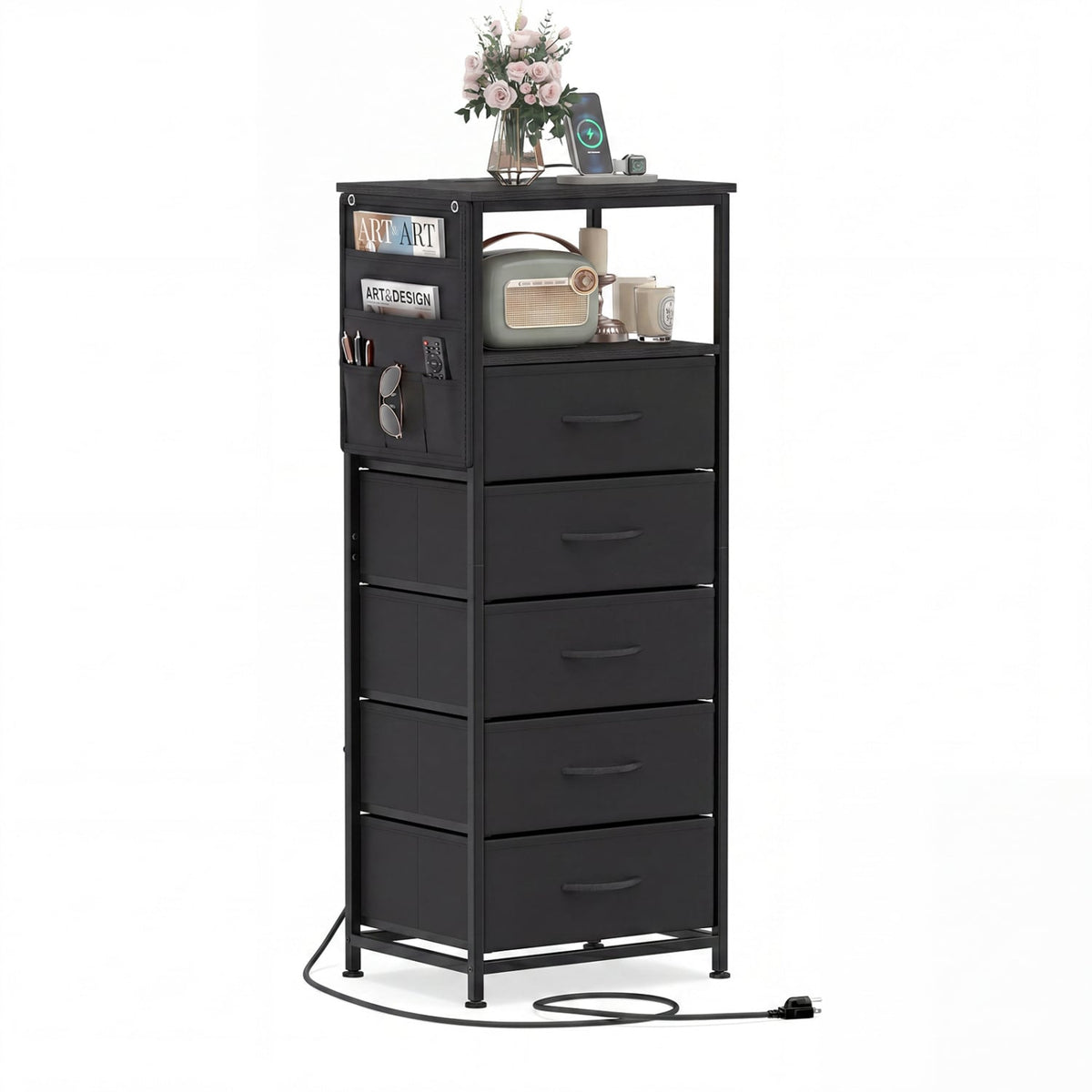 Nightstand with Integrated Charging Station 39 Inches Modern Bedside Table-Black-Nightstands-DECOROLALA