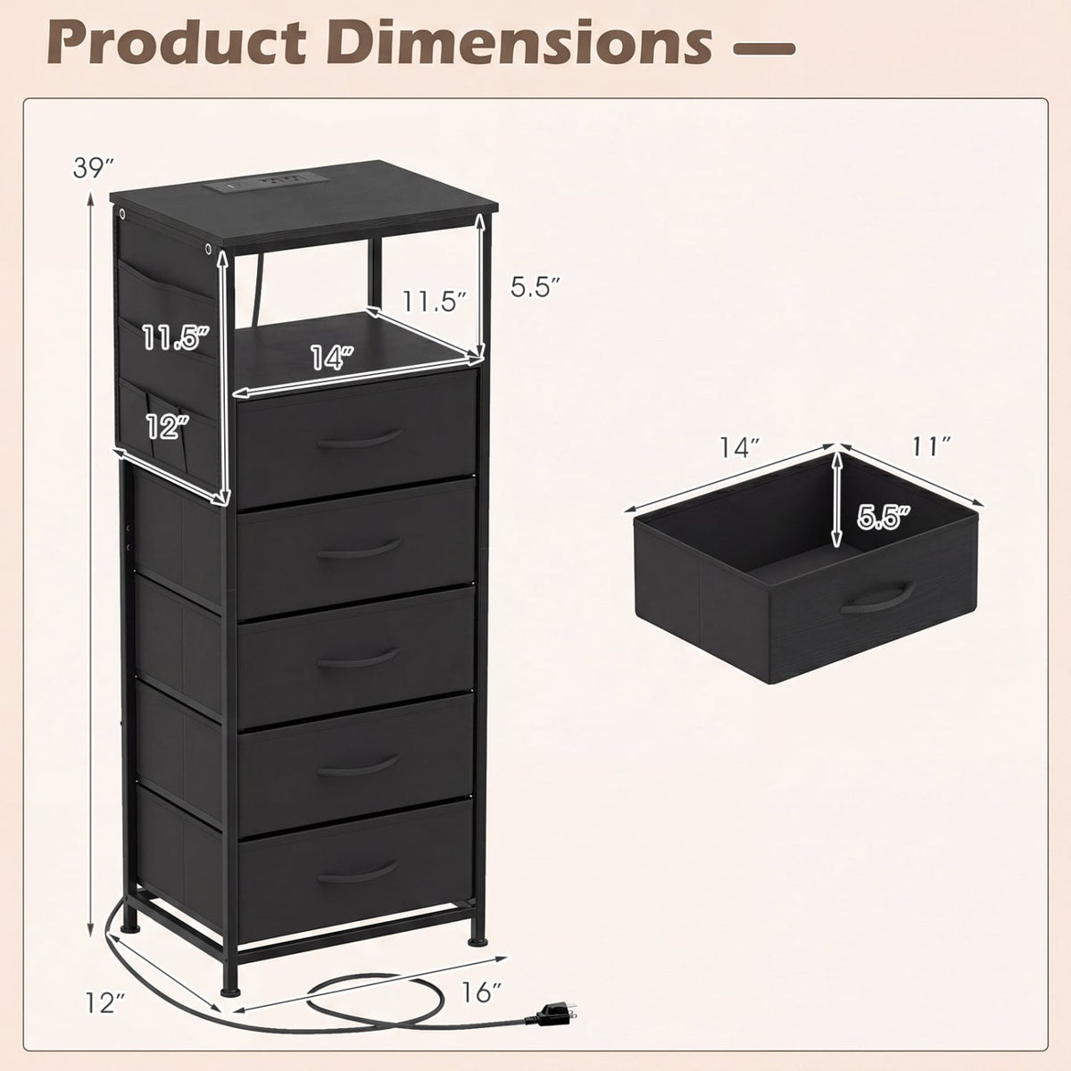 Nightstand with Integrated Charging Station 39 Inches Modern Bedside Table-Black-Nightstands-DECOROLALA