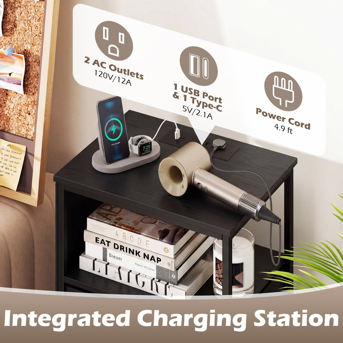 Nightstand with Integrated Charging Station 39 Inches Modern Bedside Table-Black-Nightstands-DECOROLALA