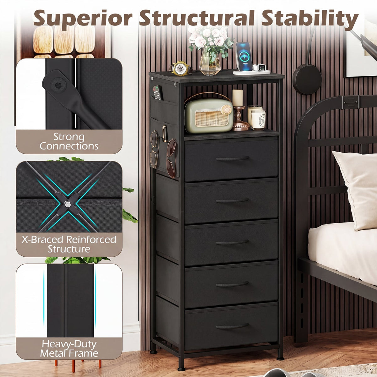 Nightstand with Integrated Charging Station 39 Inches Modern Bedside Table-Black-Nightstands-DECOROLALA
