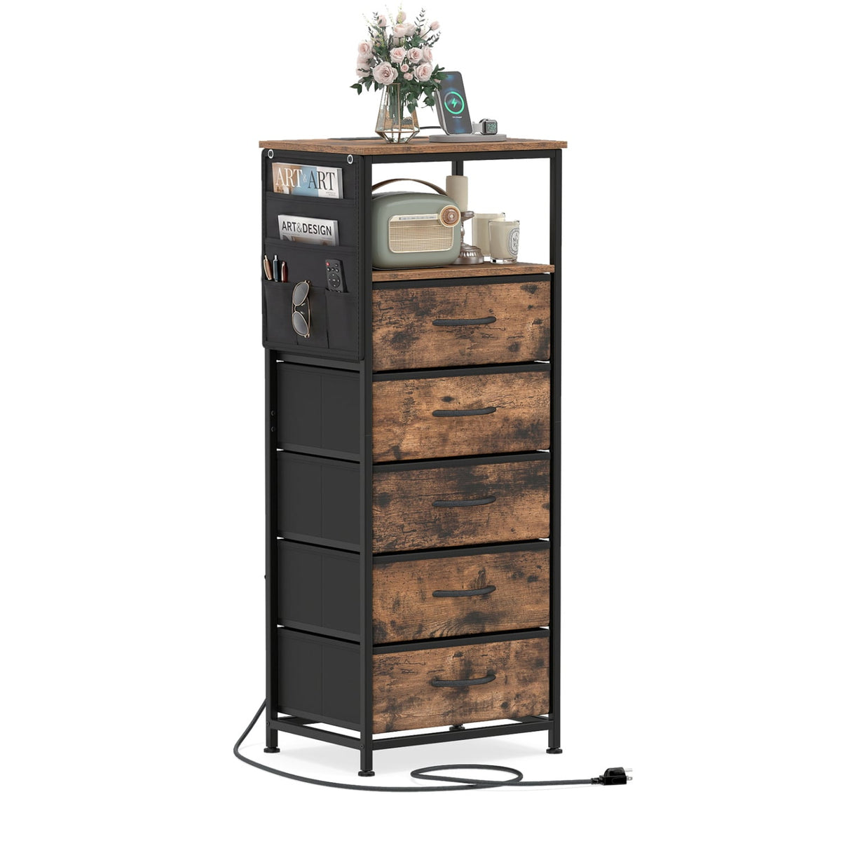 Nightstand with Integrated Charging Station 39 Inches Modern Bedside Table-Brown-Nightstands-DECOROLALA