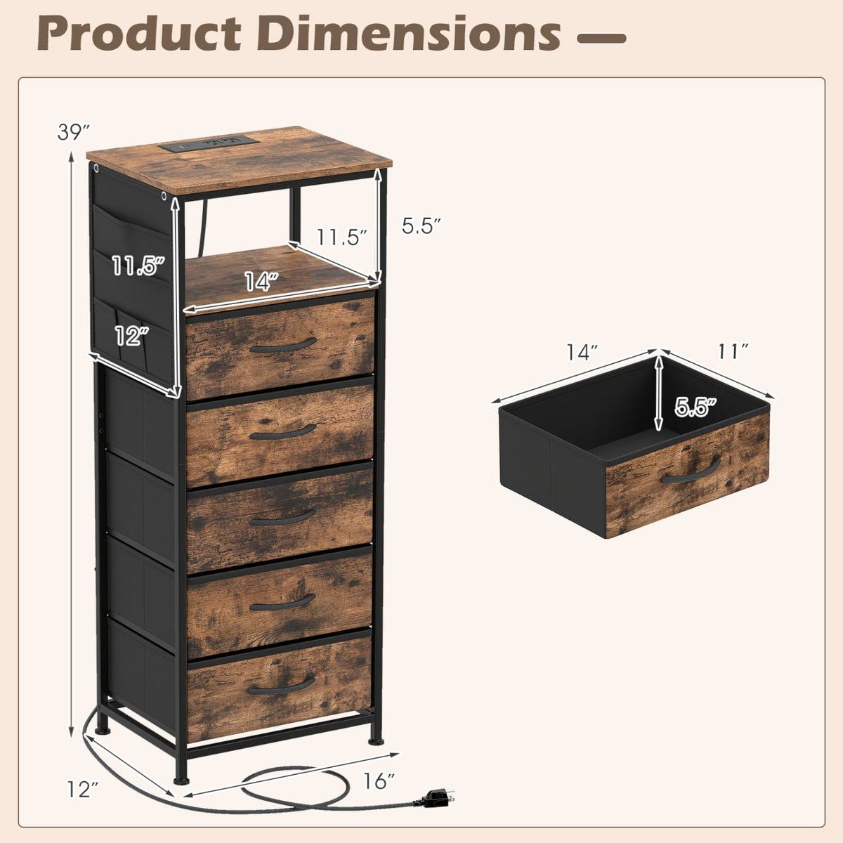 Nightstand with Integrated Charging Station 39 Inches Modern Bedside Table-Brown-Nightstands-DECOROLALA