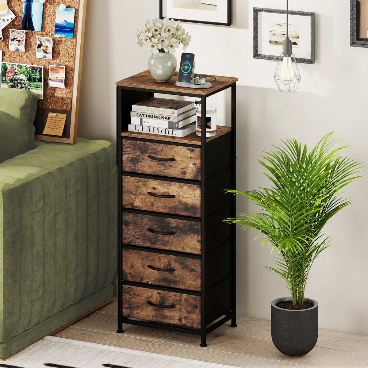 Nightstand with Integrated Charging Station 39 Inches Modern Bedside Table-Brown-Nightstands-DECOROLALA