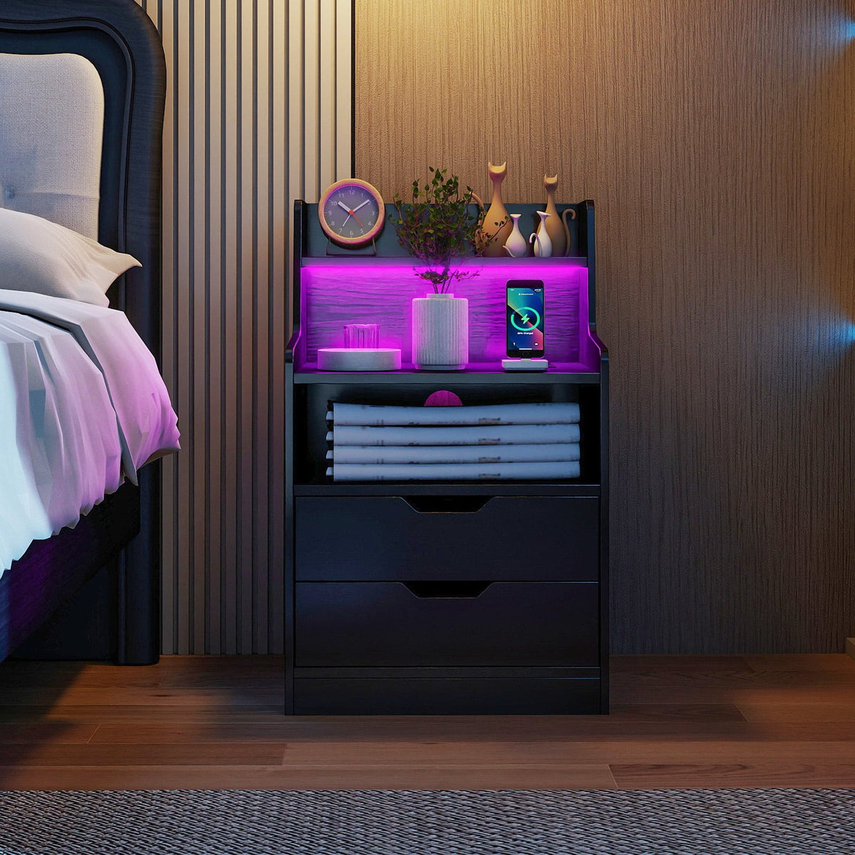 Nightstand with LED Light and Charging Station for Living Room Bedroom-Black-Nightstands-DECOROLALA
