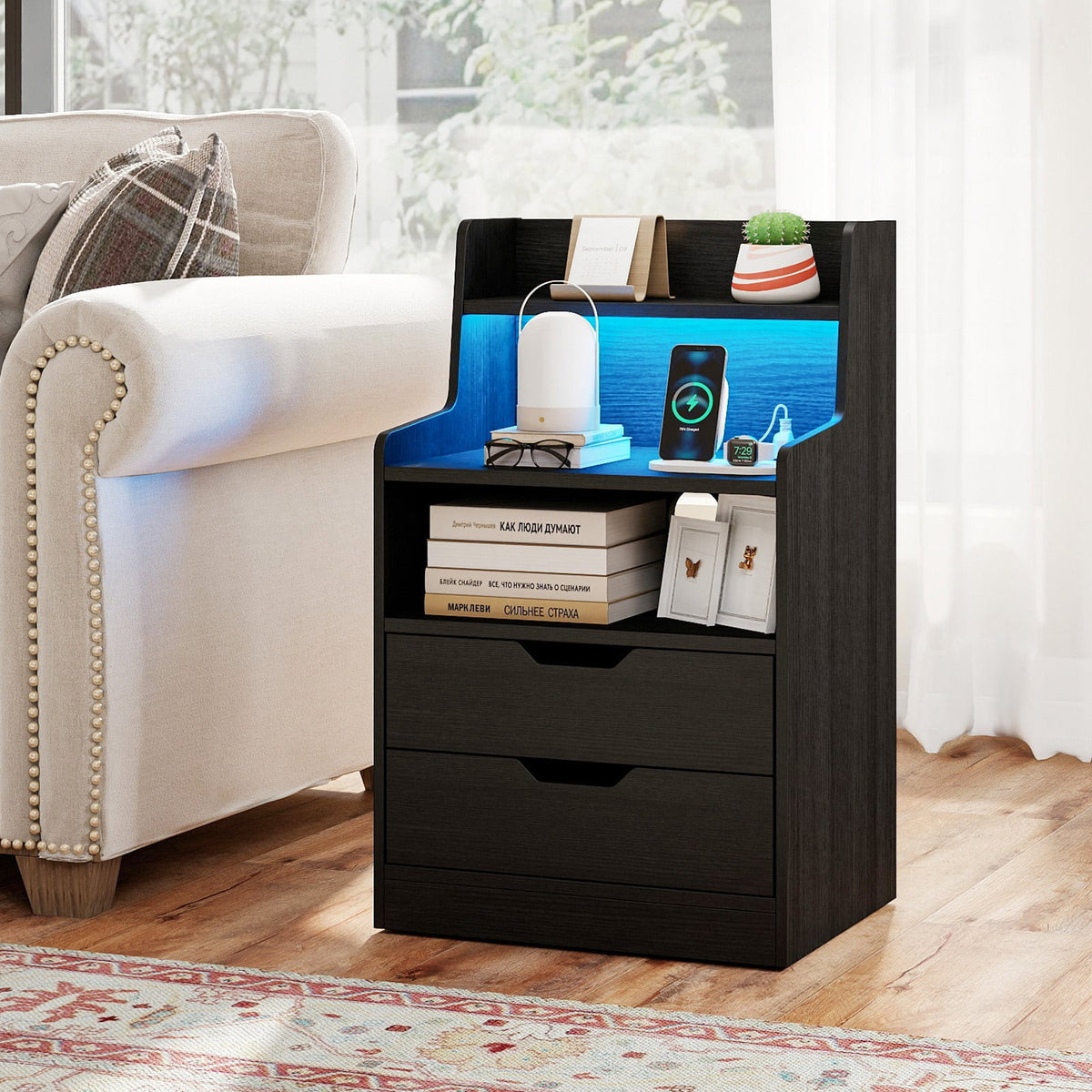 Nightstand with LED Light and Charging Station for Living Room Bedroom-Black-Nightstands-DECOROLALA