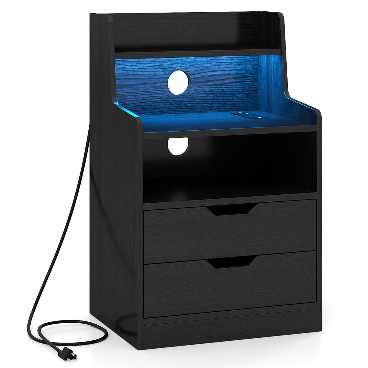 Nightstand with LED Light and Charging Station for Living Room Bedroom-Black-Nightstands-DECOROLALA