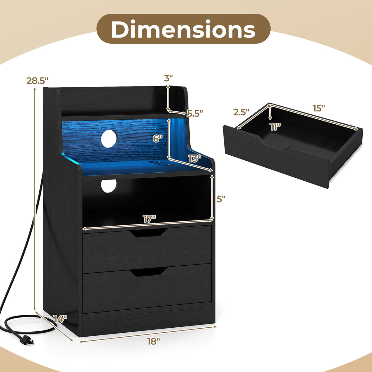 Nightstand with LED Light and Charging Station for Living Room Bedroom-Black-Nightstands-DECOROLALA