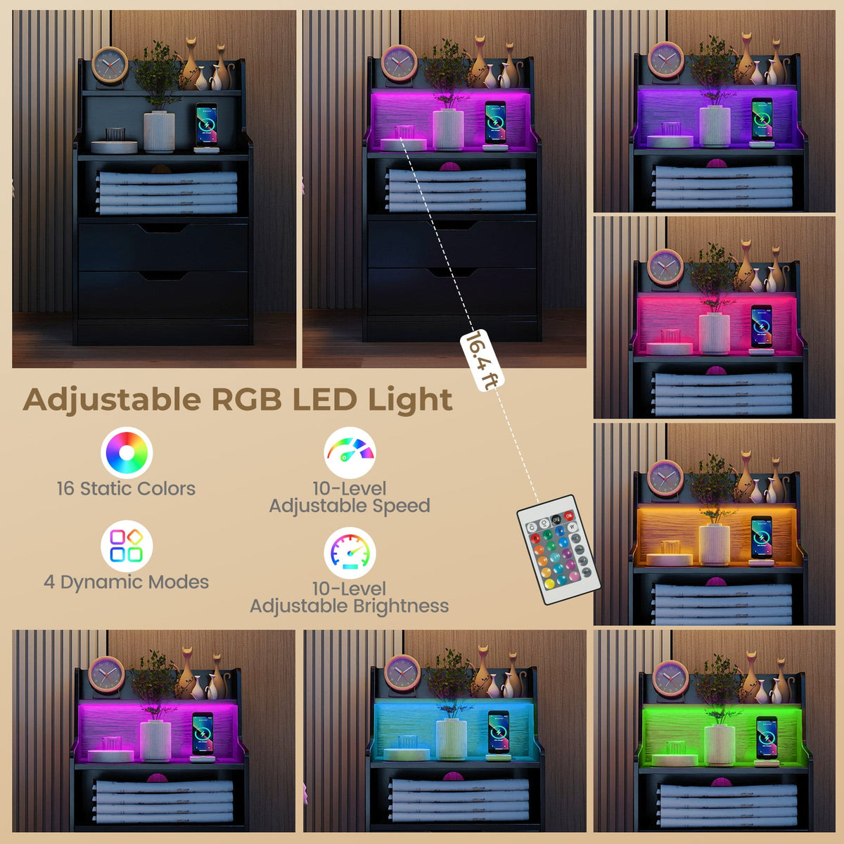 Nightstand with LED Light and Charging Station for Living Room Bedroom-Black-Nightstands-DECOROLALA