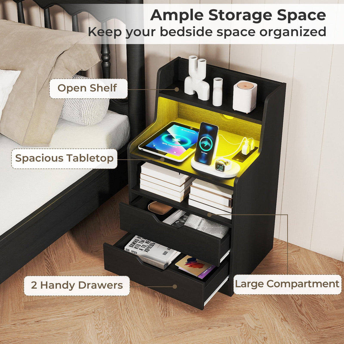 Nightstand with LED Light and Charging Station for Living Room Bedroom-Black-Nightstands-DECOROLALA