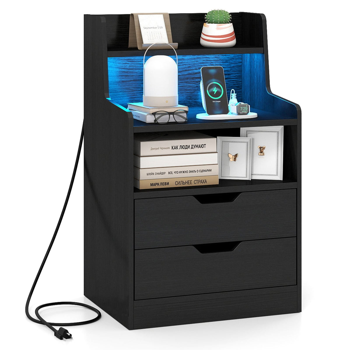 Nightstand with LED Light and Charging Station for Living Room Bedroom-Black-Nightstands-DECOROLALA