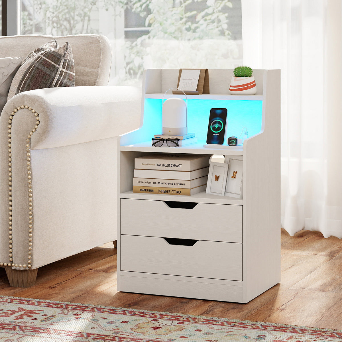 Nightstand with LED Light and Charging Station for Living Room Bedroom-White-Nightstands-DECOROLALA
