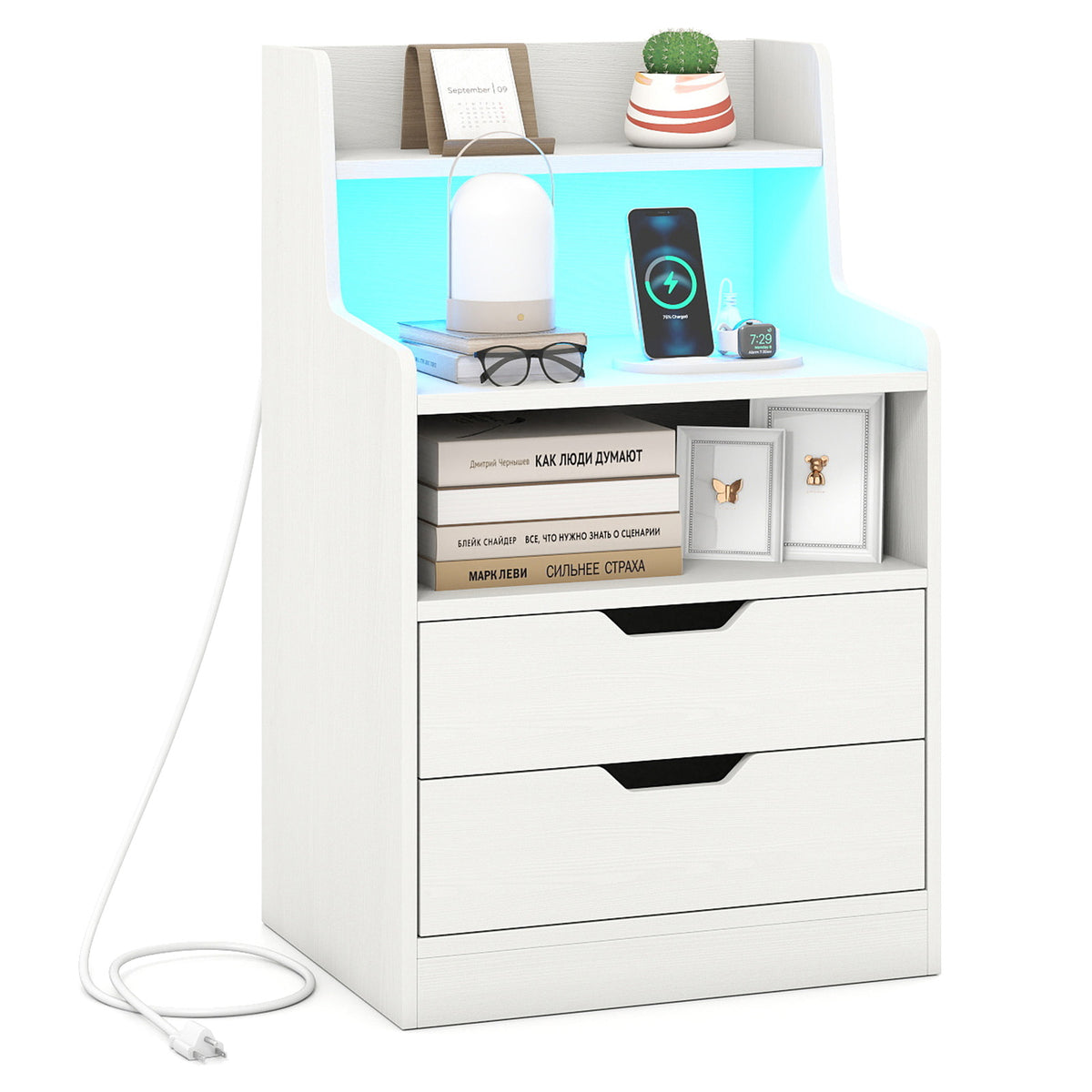 Nightstand with LED Light and Charging Station for Living Room Bedroom-White-Nightstands-DECOROLALA