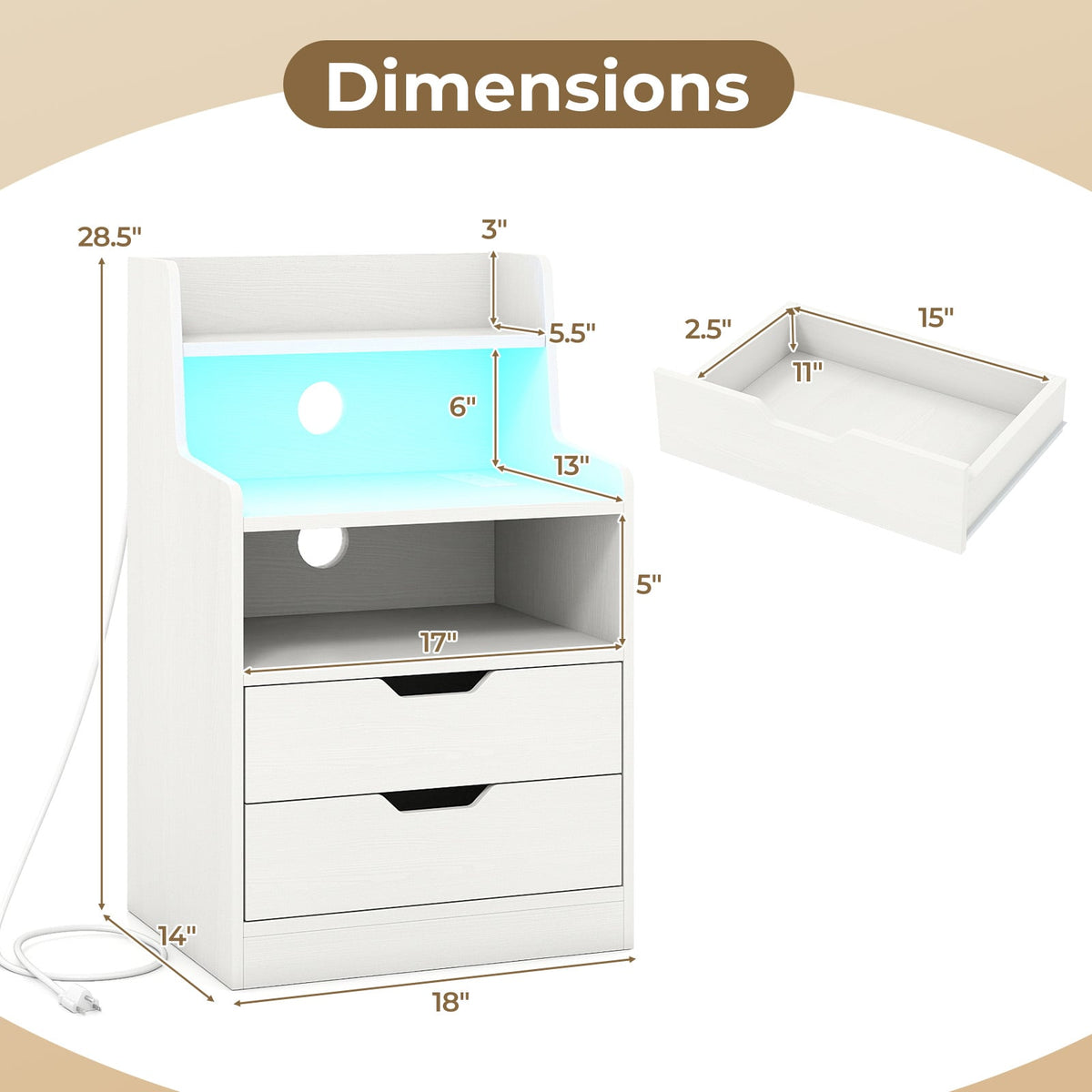 Nightstand with LED Light and Charging Station for Living Room Bedroom-White-Nightstands-DECOROLALA