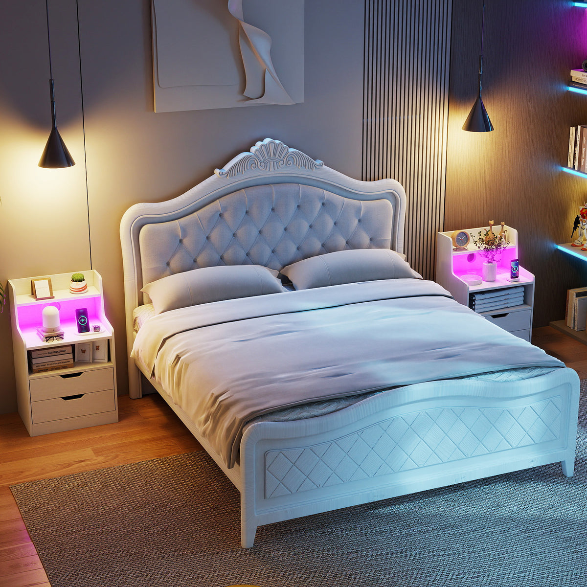 Nightstand with LED Light and Charging Station for Living Room Bedroom-White-Nightstands-DECOROLALA