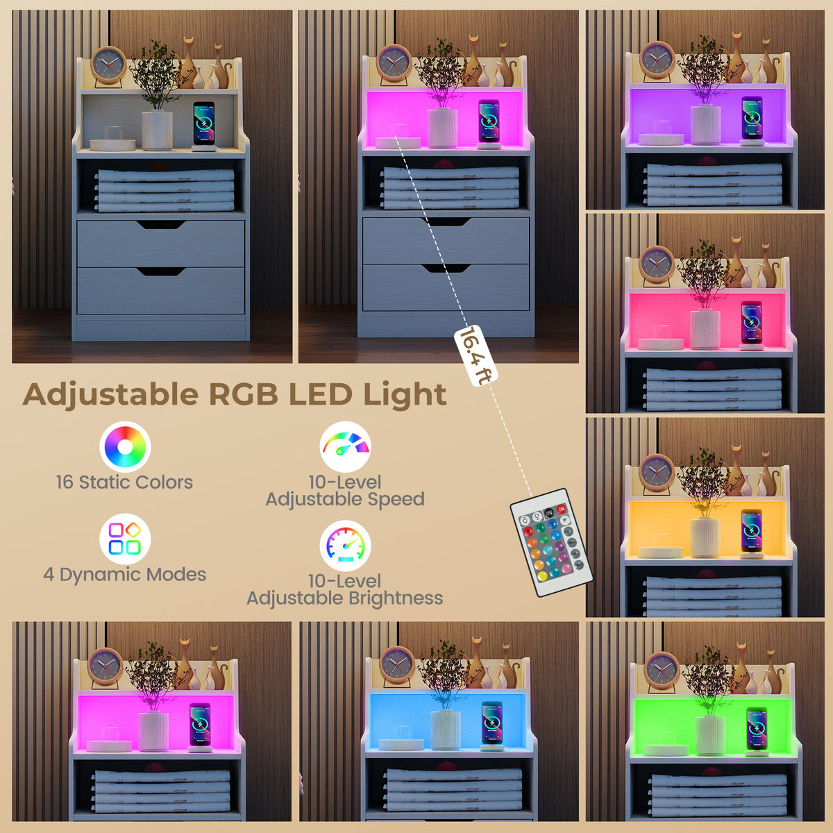 Nightstand with LED Light and Charging Station for Living Room Bedroom-White-Nightstands-DECOROLALA