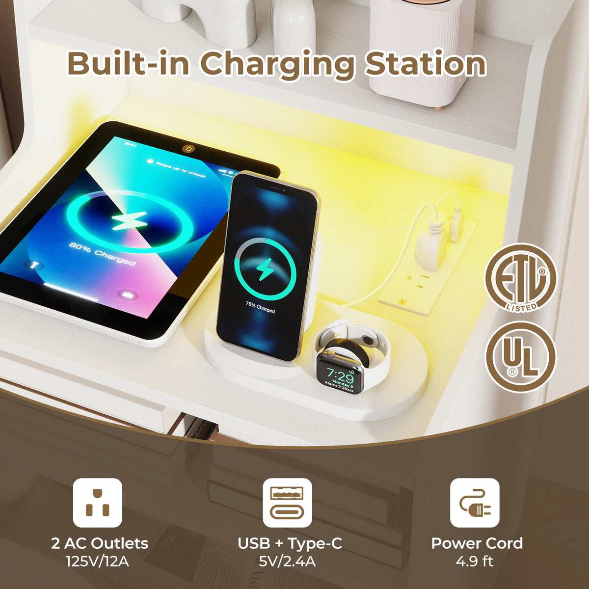 Nightstand with LED Light and Charging Station for Living Room Bedroom-White-Nightstands-DECOROLALA