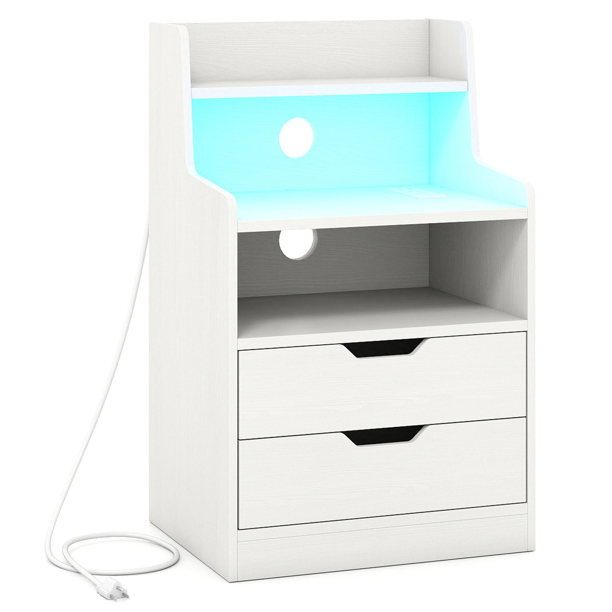 Nightstand with LED Light and Charging Station for Living Room Bedroom-White-Nightstands-DECOROLALA