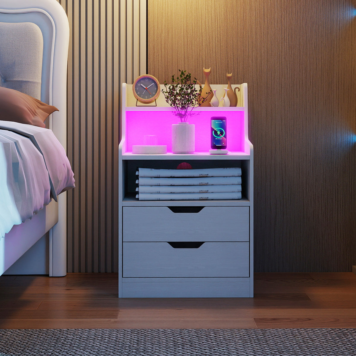 Nightstand with LED Light and Charging Station for Living Room Bedroom-White-Nightstands-DECOROLALA
