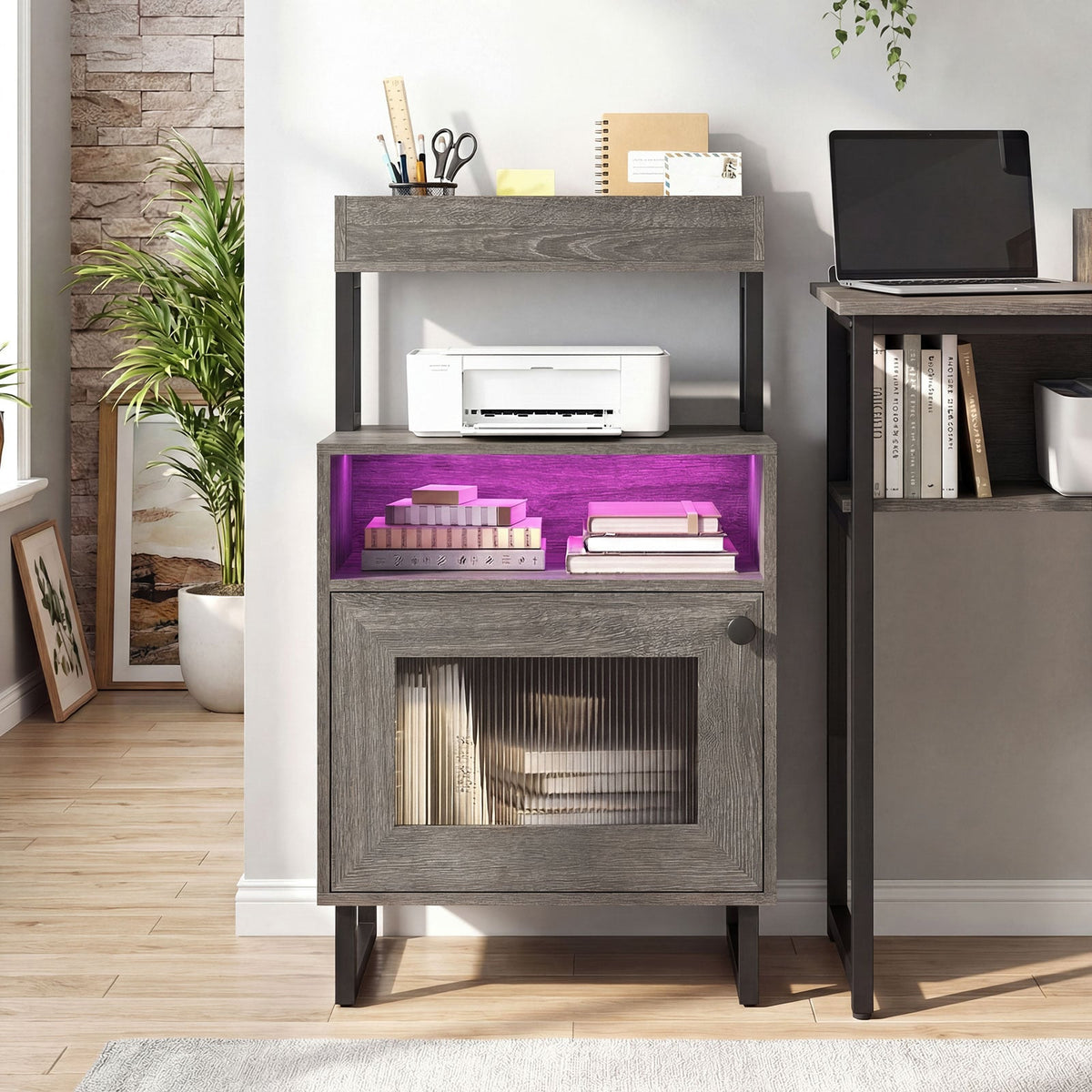 Nightstand with LED Lights Modern End Table with Top Tray Open Compartment and Storage Cabinet-Gray-Nightstands-DECOROLALA