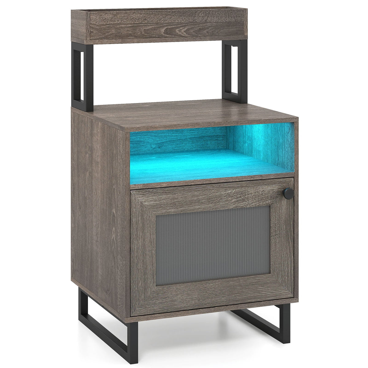 Nightstand with LED Lights Modern End Table with Top Tray Open Compartment and Storage Cabinet-Gray-Nightstands-DECOROLALA