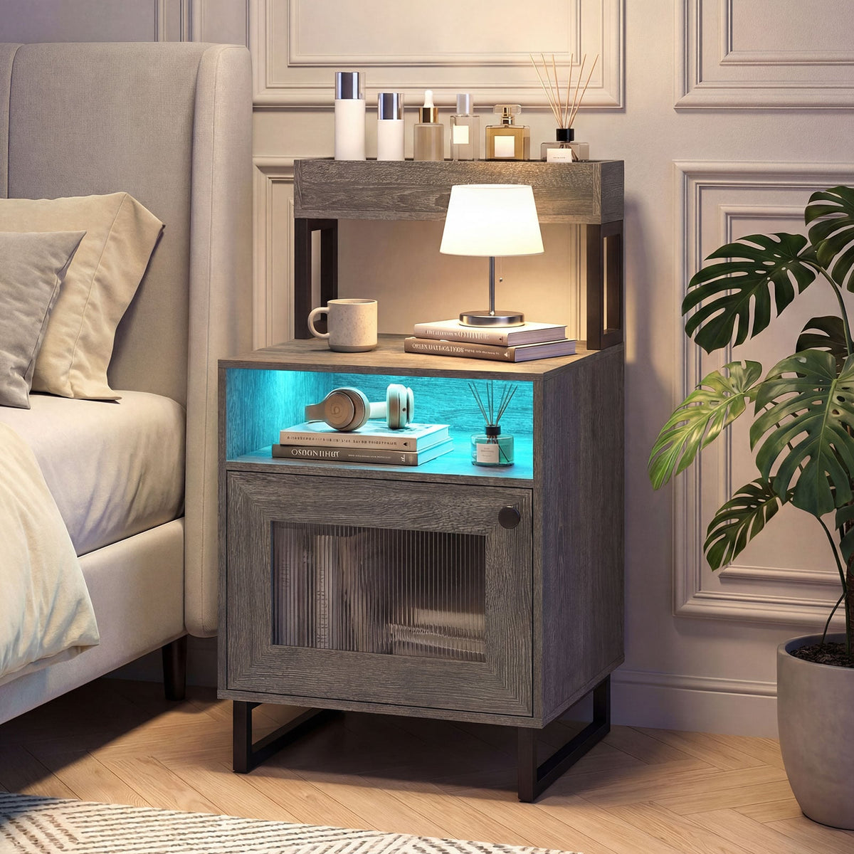 Nightstand with LED Lights Modern End Table with Top Tray Open Compartment and Storage Cabinet-Gray-Nightstands-DECOROLALA