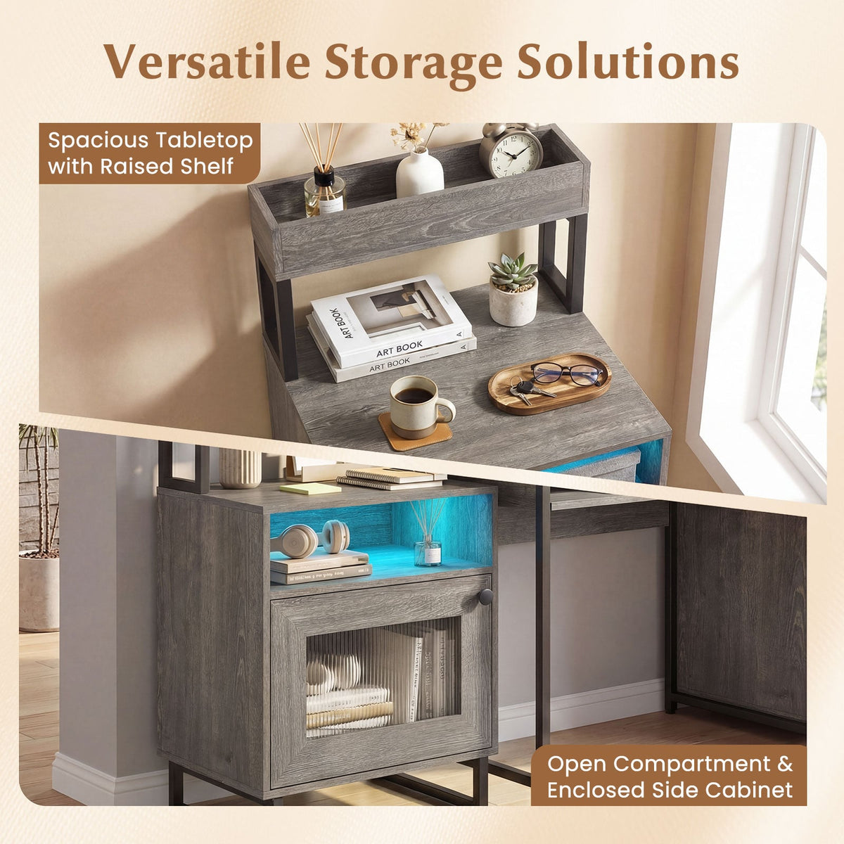 Nightstand with LED Lights Modern End Table with Top Tray Open Compartment and Storage Cabinet-Gray-Nightstands-DECOROLALA