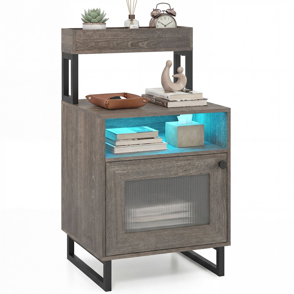 Nightstand with LED Lights Modern End Table with Top Tray Open Compartment and Storage Cabinet-Gray-Nightstands-DECOROLALA