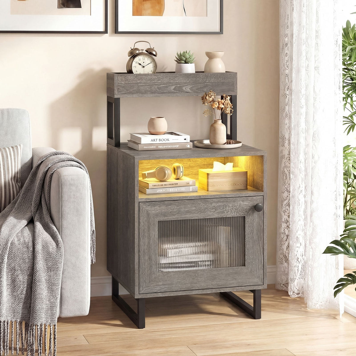 Nightstand with LED Lights Modern End Table with Top Tray Open Compartment and Storage Cabinet-Gray-Nightstands-DECOROLALA