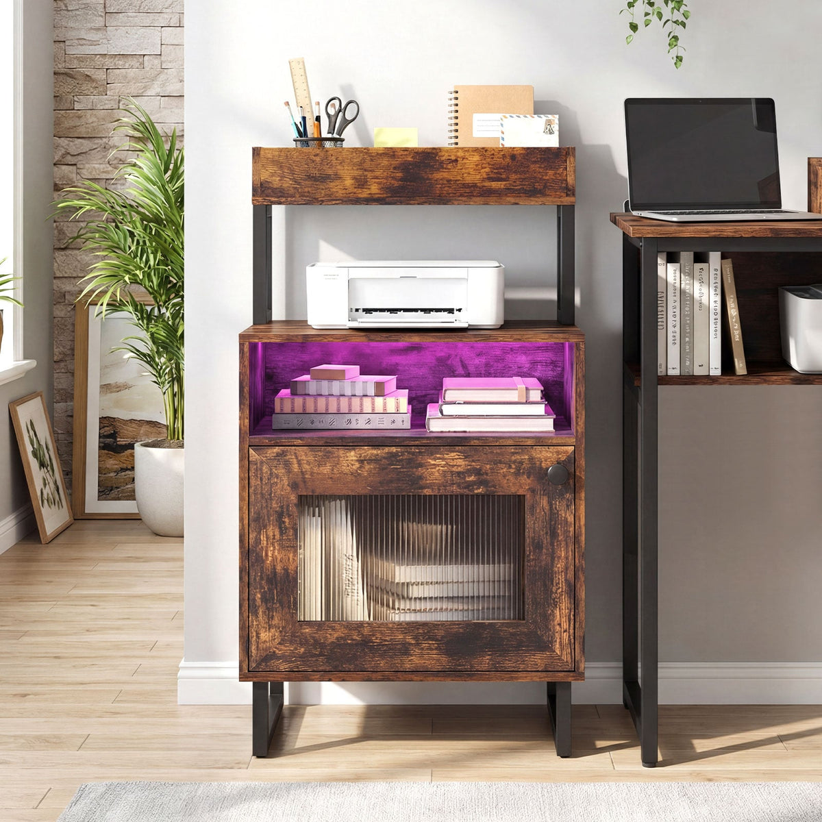 Nightstand with LED Lights Modern End Table with Top Tray Open Compartment and Storage Cabinet-Rustic Brown-Nightstands-DECOROLALA