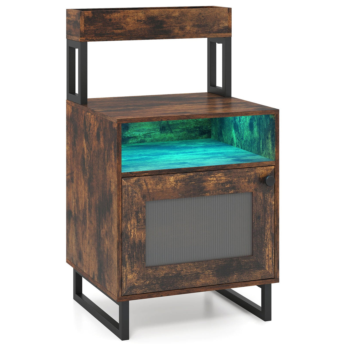 Nightstand with LED Lights Modern End Table with Top Tray Open Compartment and Storage Cabinet-Rustic Brown-Nightstands-DECOROLALA