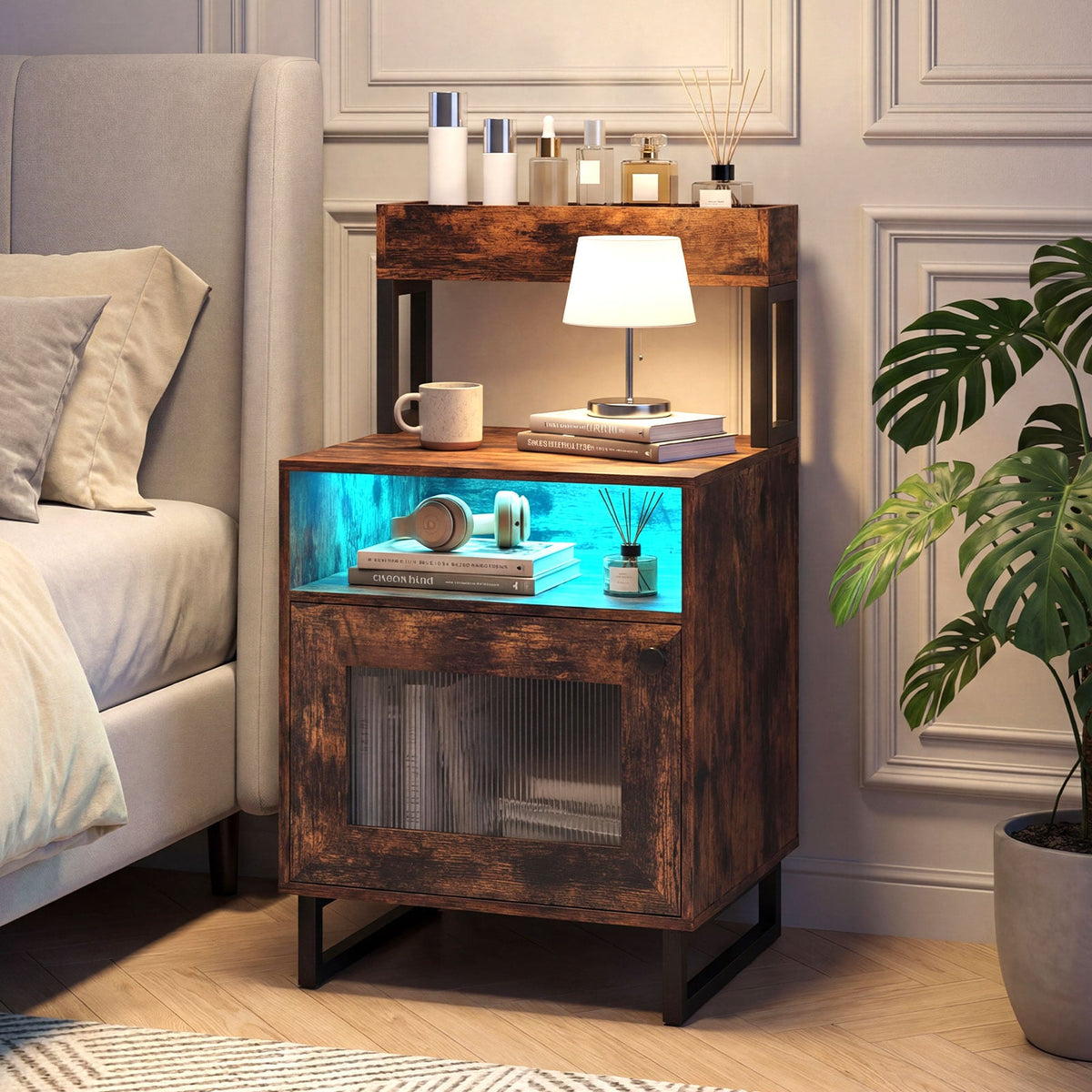 Nightstand with LED Lights Modern End Table with Top Tray Open Compartment and Storage Cabinet-Rustic Brown-Nightstands-DECOROLALA