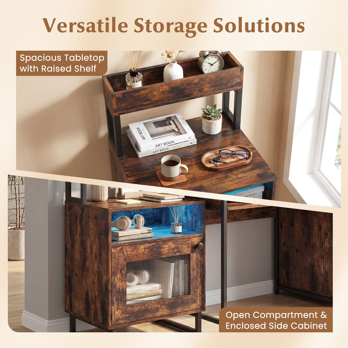 Nightstand with LED Lights Modern End Table with Top Tray Open Compartment and Storage Cabinet-Rustic Brown-Nightstands-DECOROLALA