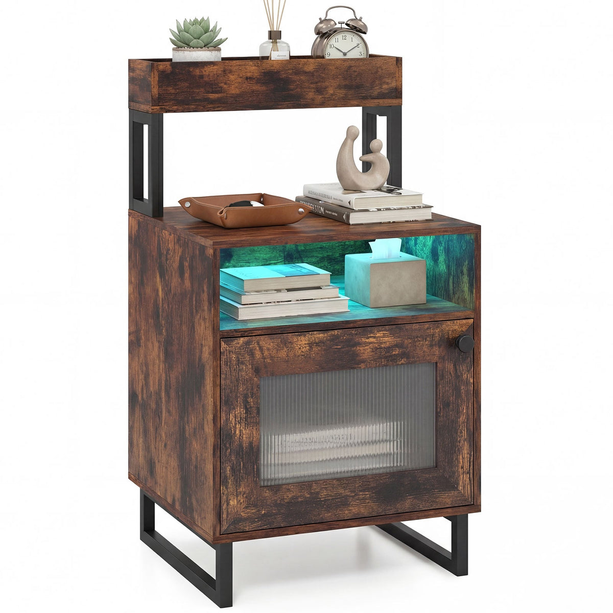 Nightstand with LED Lights Modern End Table with Top Tray Open Compartment and Storage Cabinet-Rustic Brown-Nightstands-DECOROLALA