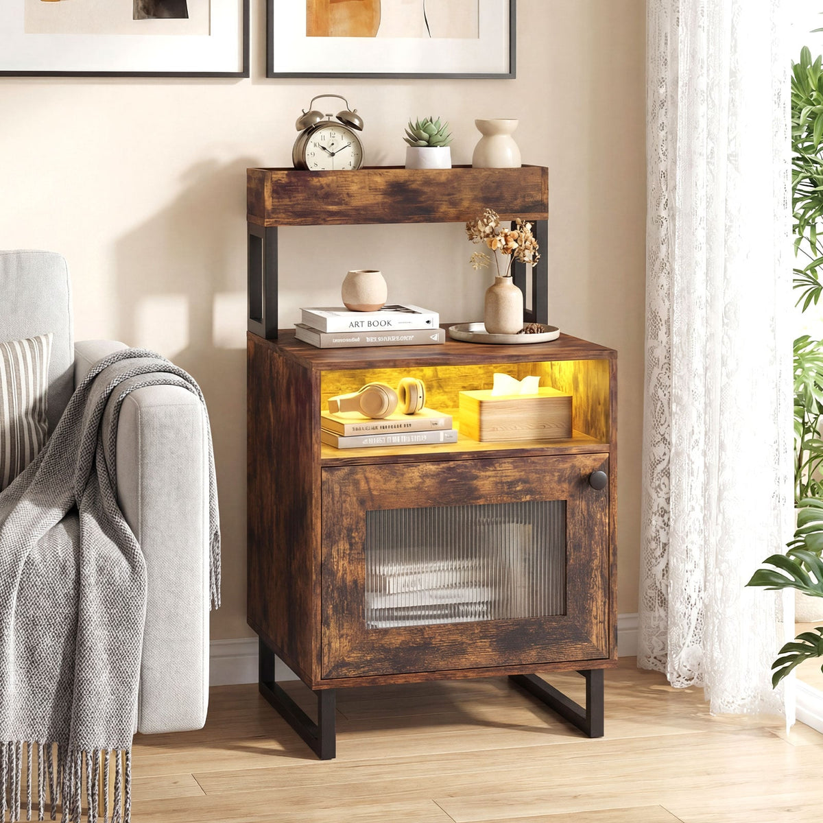 Nightstand with LED Lights Modern End Table with Top Tray Open Compartment and Storage Cabinet-Rustic Brown-Nightstands-DECOROLALA