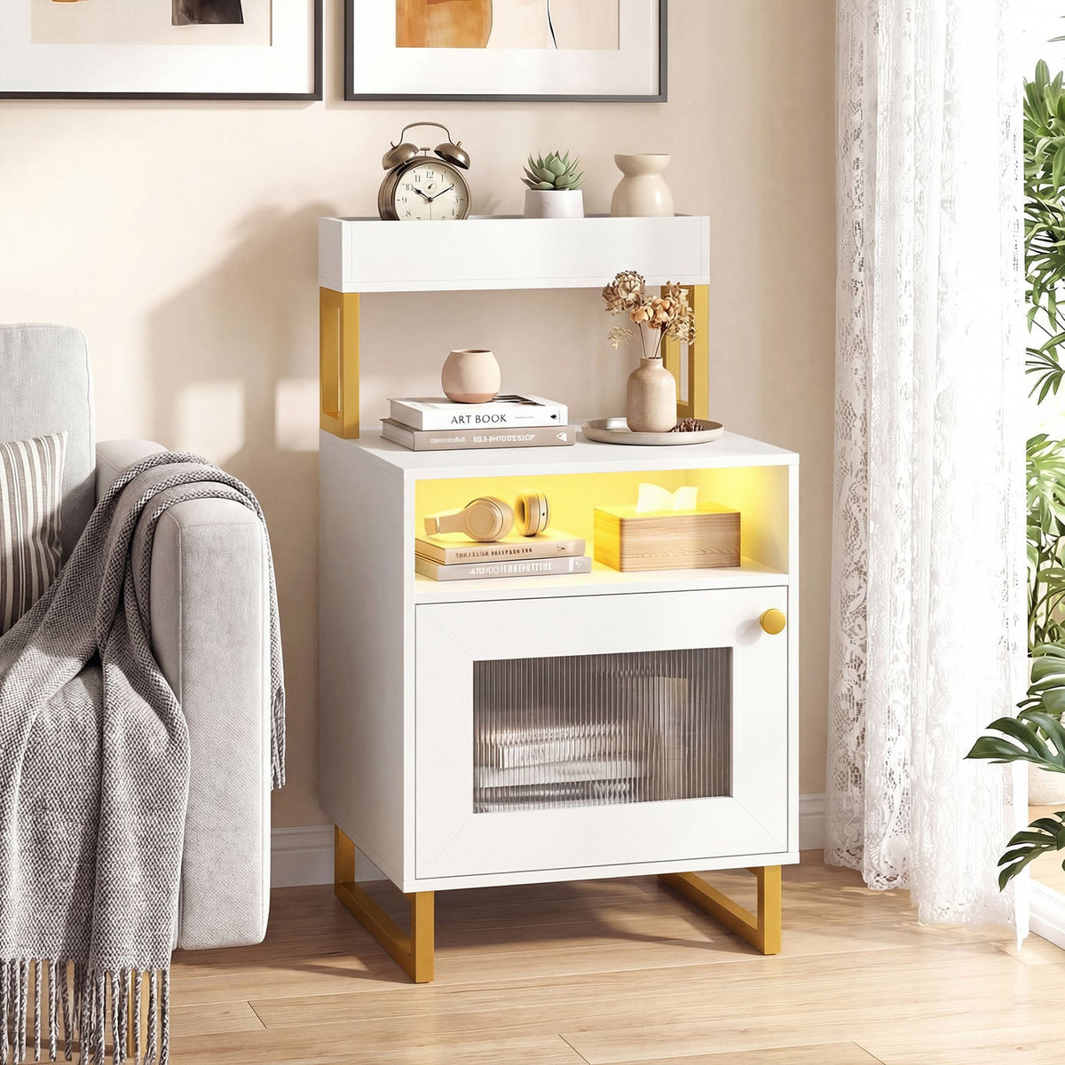 Nightstand with LED Lights Modern End Table with Top Tray Open Compartment and Storage Cabinet-White-Nightstands-DECOROLALA