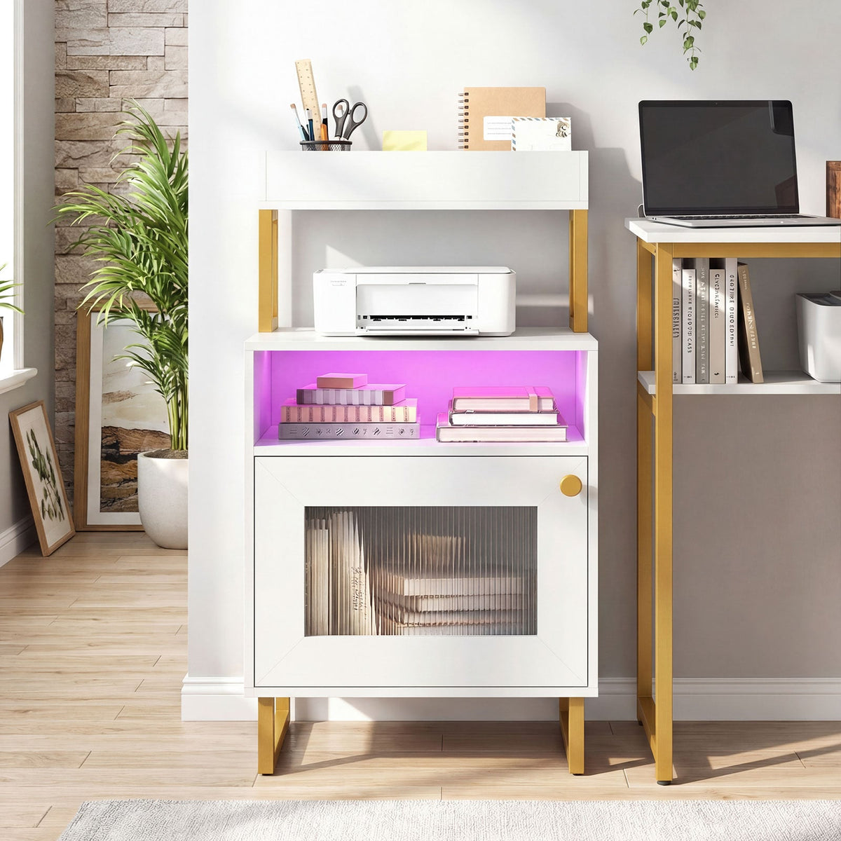 Nightstand with LED Lights Modern End Table with Top Tray Open Compartment and Storage Cabinet-White-Nightstands-DECOROLALA