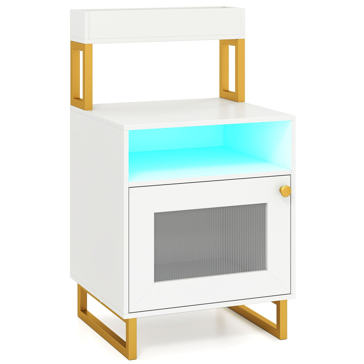 Nightstand with LED Lights Modern End Table with Top Tray Open Compartment and Storage Cabinet-White-Nightstands-DECOROLALA